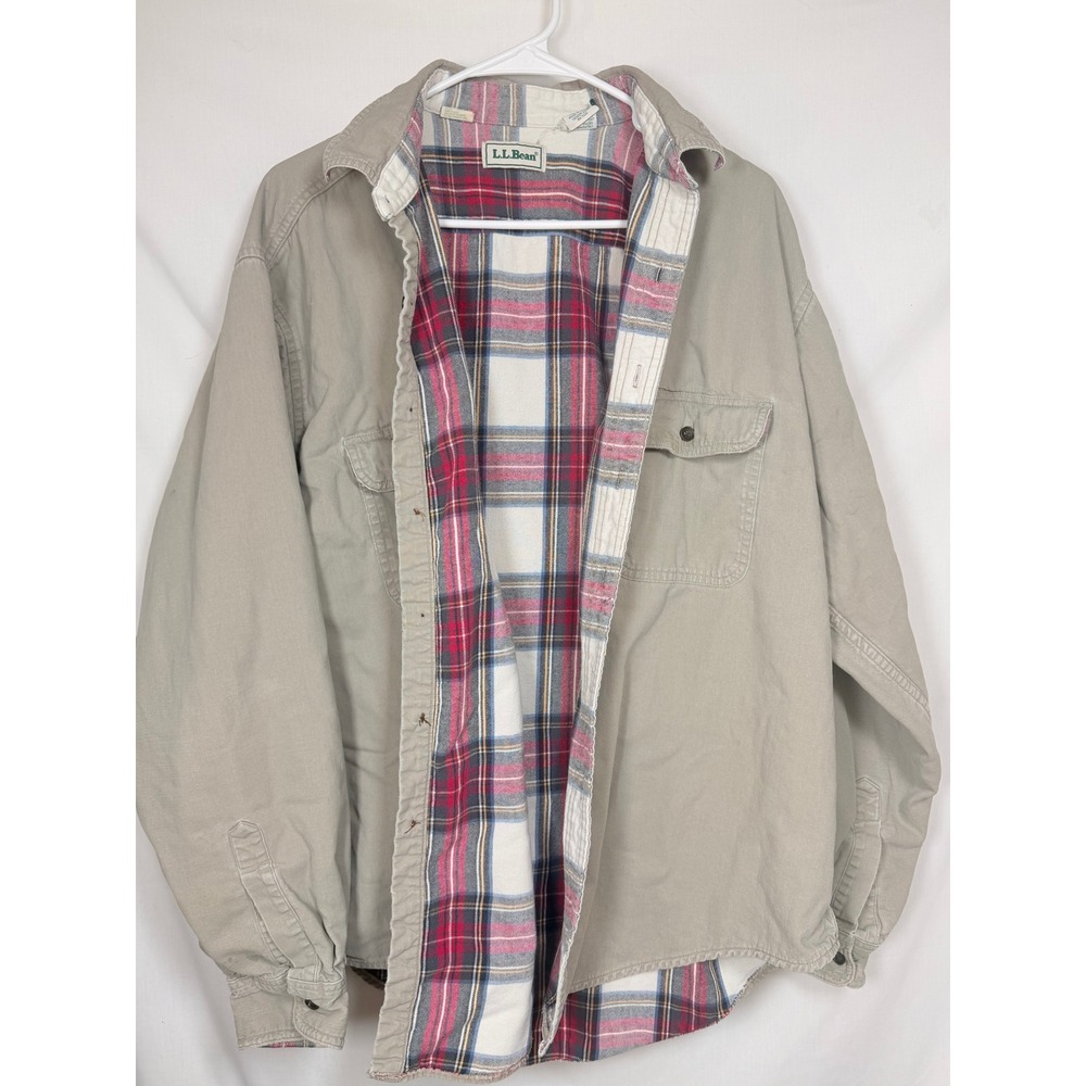 LL Bean Mens XL Vintage 1998 Plaid Lined Barn Chore Shirt Jacket Tan Canvas